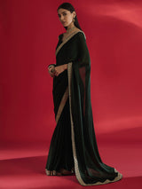 Women's Satin Green Embellished Designer Saree with Blouse Piece