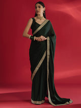 Women's Satin Green Embellished Designer Saree with Blouse Piece