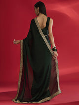 Women's Satin Green Embellished Designer Saree with Blouse Piece