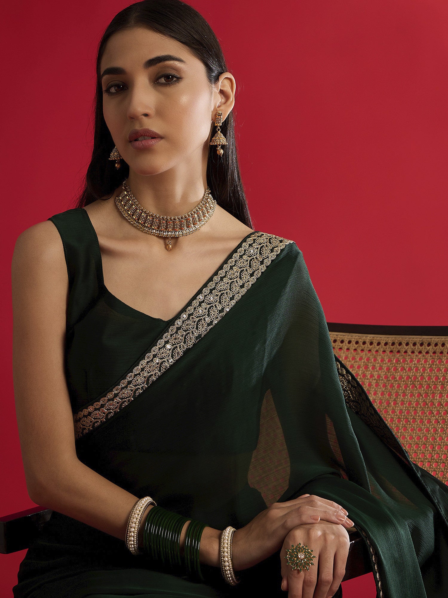 Women's Satin Green Embellished Designer Saree with Blouse Piece