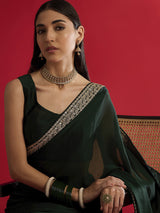 Women's Satin Green Embellished Designer Saree with Blouse Piece