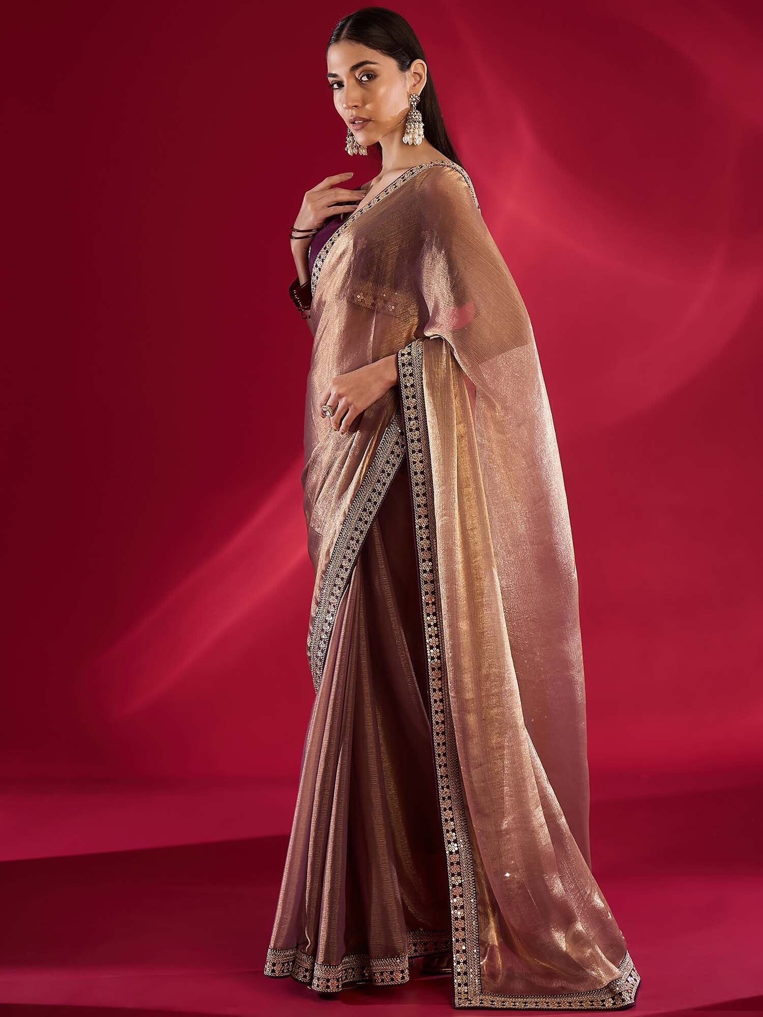 Women's Chiffon Pink Embellished Designer Saree with Blouse Piece