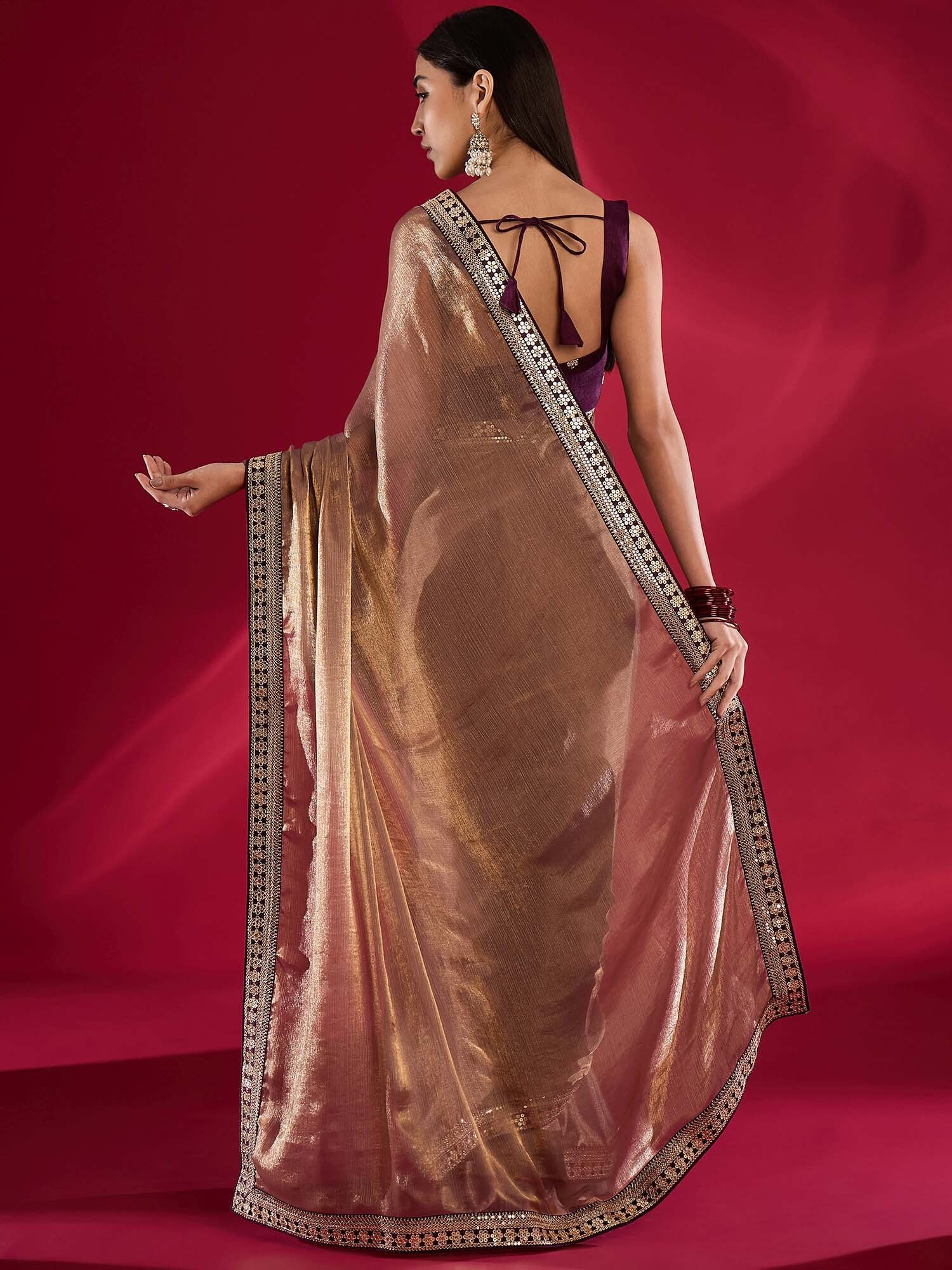 Women's Chiffon Pink Embellished Designer Saree with Blouse Piece