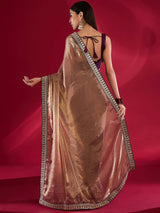 Women's Chiffon Pink Embellished Designer Saree with Blouse Piece