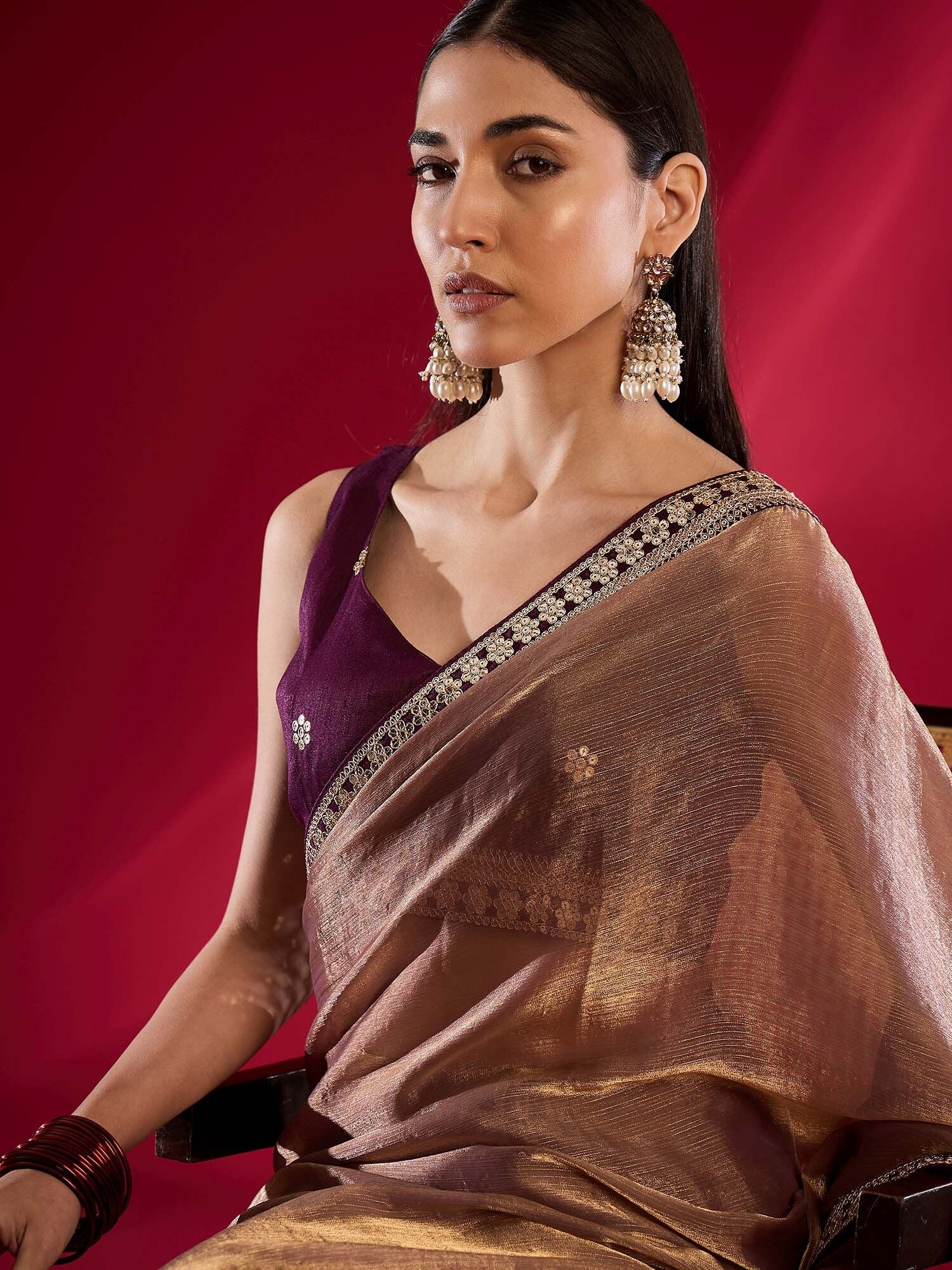 Women's Chiffon Pink Embellished Designer Saree with Blouse Piece
