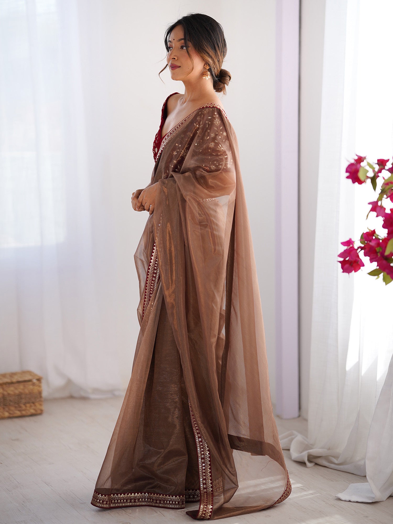 Women's Net Bronze Embellished Designer Saree with Blouse Piece