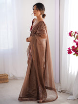Women's Net Bronze Embellished Designer Saree with Blouse Piece
