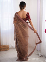 Women's Net Bronze Embellished Designer Saree with Blouse Piece