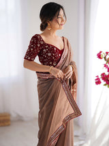 Women's Net Bronze Embellished Designer Saree with Blouse Piece