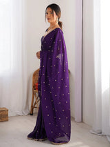 Women's Pure Georgette Purple Embellished Designer Saree with Blouse Piece