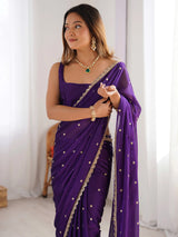 Women's Pure Georgette Purple Embellished Designer Saree with Blouse Piece