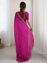 Women's Pure Georgette Pink Embellished Designer Saree With Blouse Piece