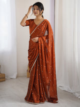 Women's Pure Georgette Brown Embellished Designer Saree With Blouse Piece