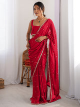 Women's Pure Georgette Red Embellished Designer Saree With Blouse Piece