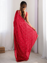 Women's Pure Georgette Red Embellished Designer Saree With Blouse Piece