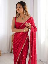 Women's Pure Georgette Red Embellished Designer Saree With Blouse Piece