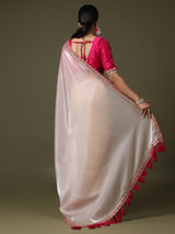 Women's Net White Embroidered Designer Saree with Blouse Piece