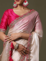 Women's Net White Embroidered Designer Saree with Blouse Piece