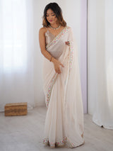 Women's Georgette Off White Embellished Designer Saree With Blouse Piece