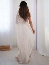 Women's Georgette Off White Embellished Designer Saree With Blouse Piece