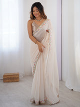 Women's Georgette Off White Embellished Designer Saree With Blouse Piece