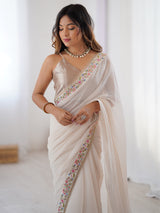 Women's Georgette Off White Embellished Designer Saree With Blouse Piece