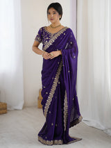 Women's Pure Georgette Purple Embellished Designer Saree With Blouse Piece