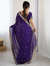 Women's Pure Georgette Purple Embellished Designer Saree With Blouse Piece