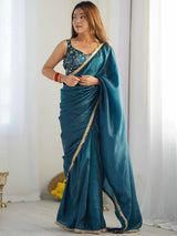 Women's Tissue Blue Embellished Designer Saree with Blouse Piece