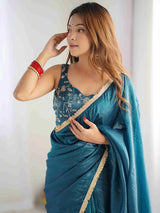 Women's Tissue Blue Embellished Designer Saree with Blouse Piece