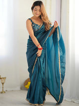 Women's Tissue Blue Embellished Designer Saree with Blouse Piece