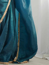 Women's Tissue Blue Embellished Designer Saree with Blouse Piece
