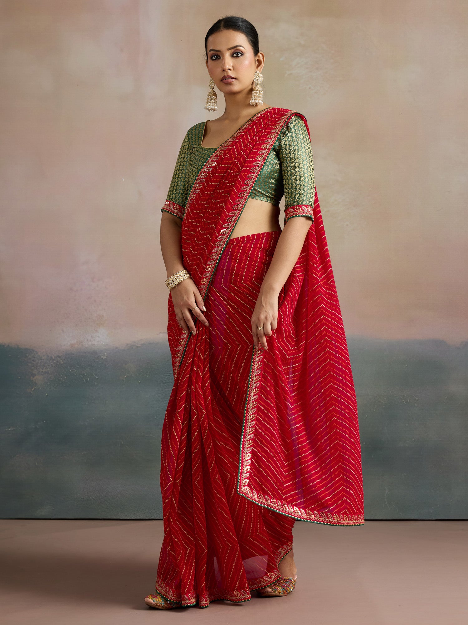Women's Red Festive Leheriya Saree