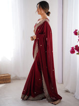 Women's Vichitra Silk Red Embellished Designer Saree with Blouse Piece