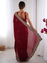 Women's Vichitra Silk Red Embellished Designer Saree with Blouse Piece