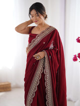 Women's Vichitra Silk Red Embellished Designer Saree with Blouse Piece