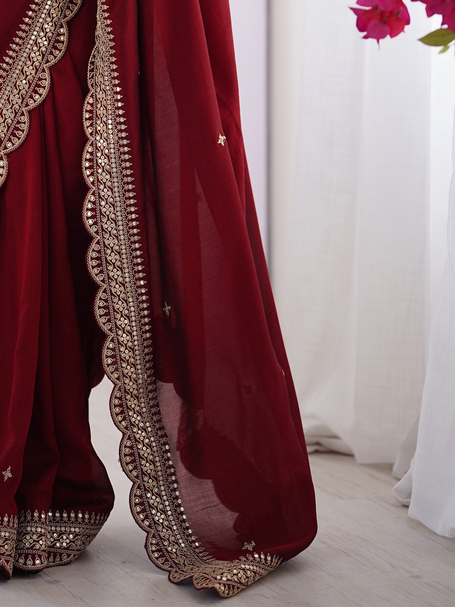 Women's Vichitra Silk Red Embellished Designer Saree with Blouse Piece