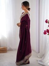 Women's Vichitra Silk Purple Embellished Designer Saree with Blouse Piece