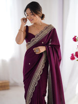 Women's Vichitra Silk Purple Embellished Designer Saree with Blouse Piece