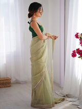 Women's Net Green Embellished Designer Saree with Blouse Piece