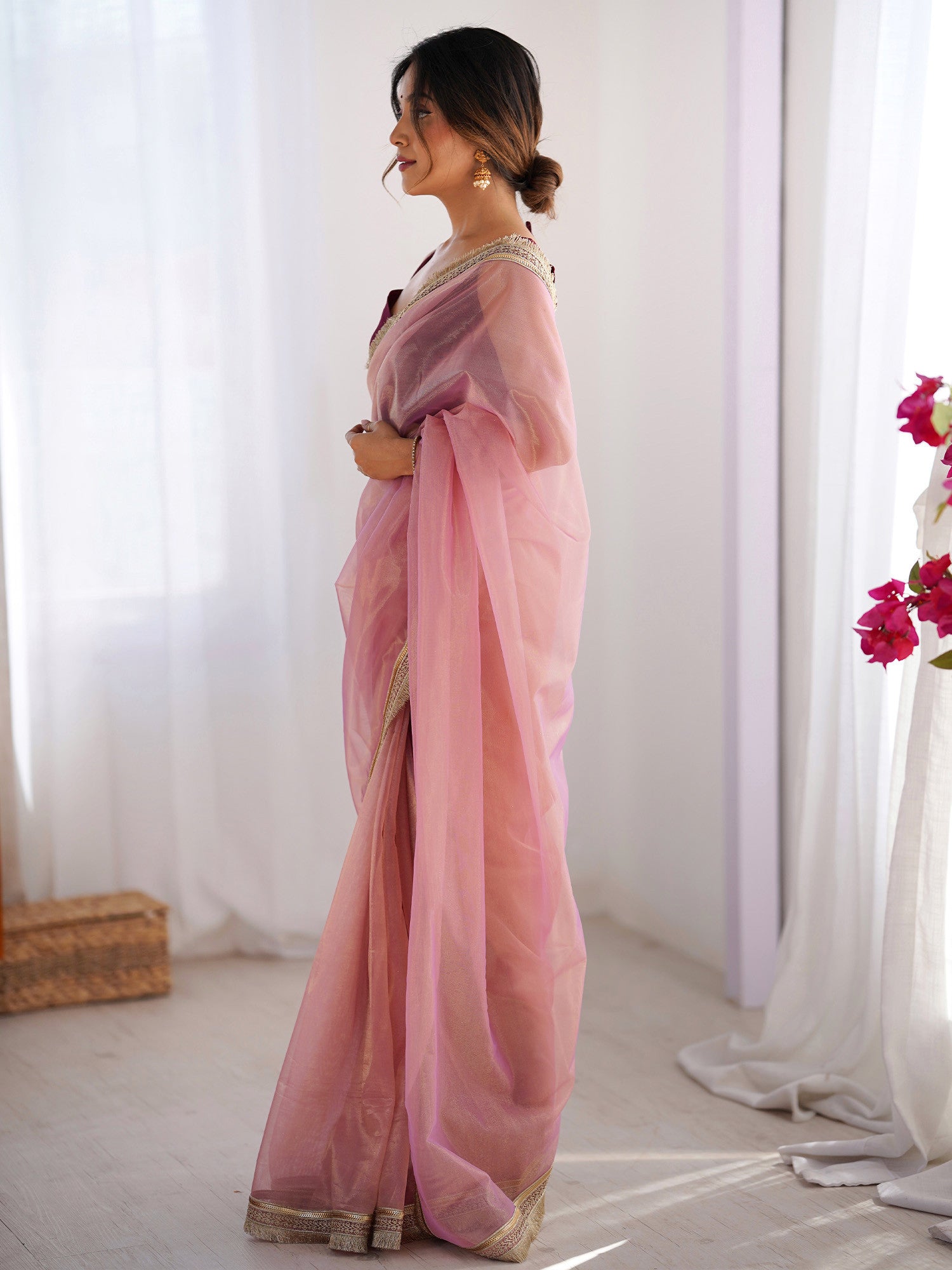 Women's Net Pink Embellished Designer Saree with Blouse Piece
