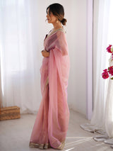 Women's Net Pink Embellished Designer Saree with Blouse Piece