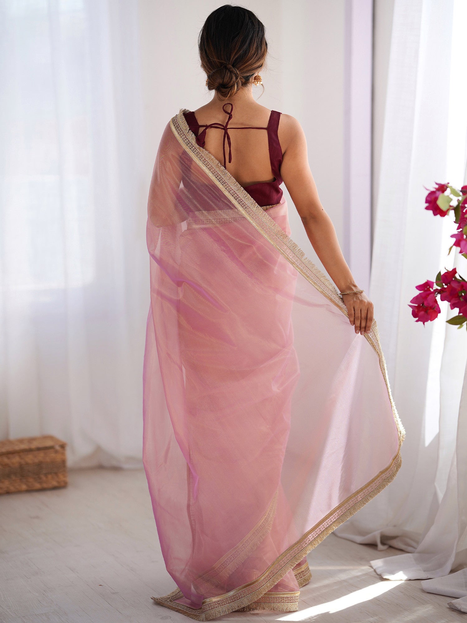 Women's Net Pink Embellished Designer Saree with Blouse Piece