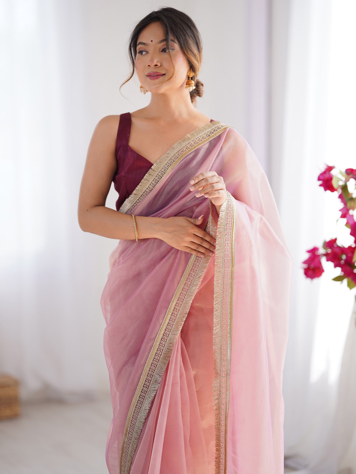 Women's Net Pink Embellished Designer Saree with Blouse Piece