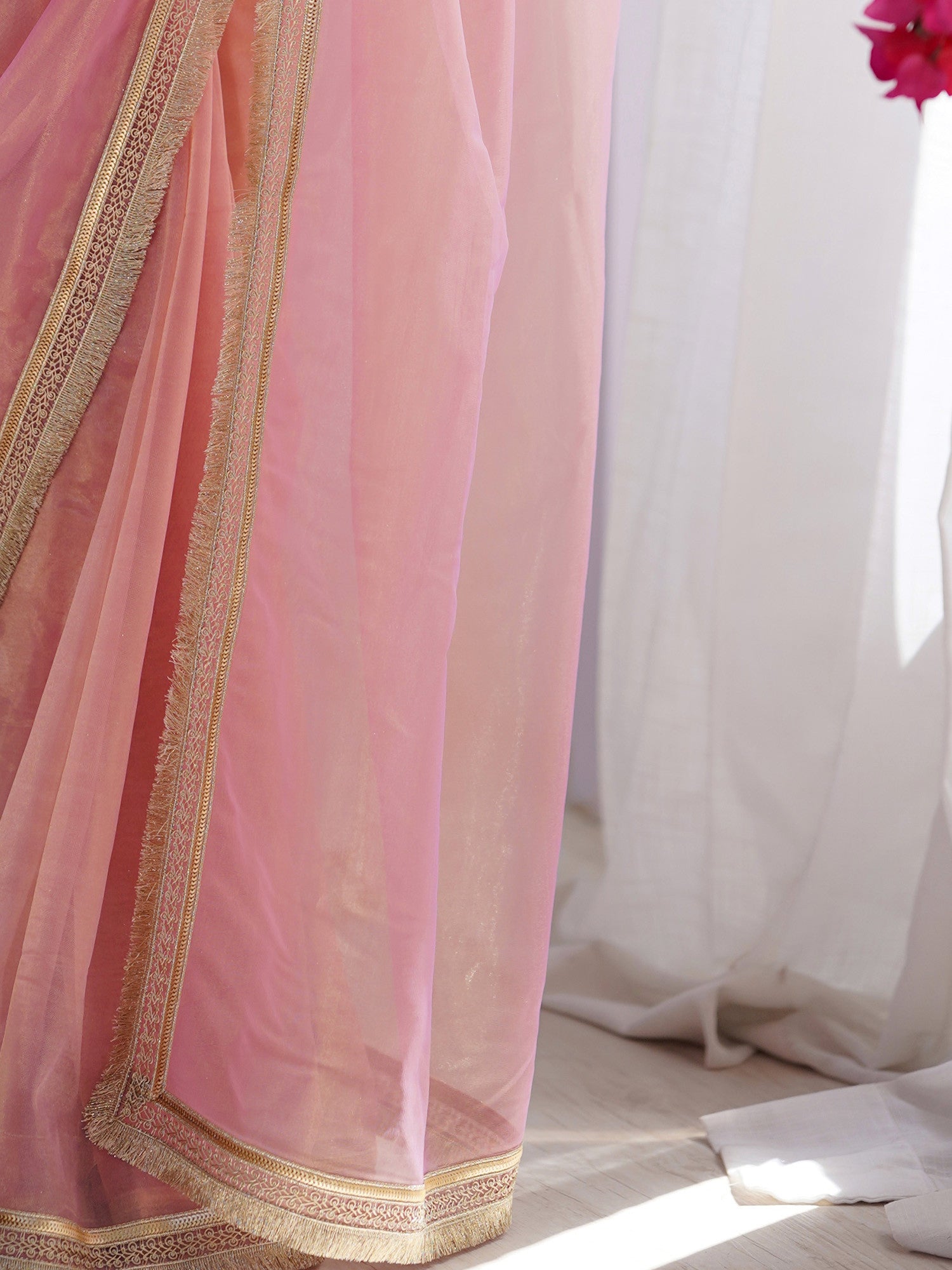 Women's Net Pink Embellished Designer Saree with Blouse Piece