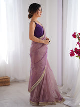 Women's Net Purple Embellished Designer Saree with Blouse Piece