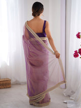 Women's Net Purple Embellished Designer Saree with Blouse Piece
