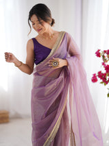 Women's Net Purple Embellished Designer Saree with Blouse Piece