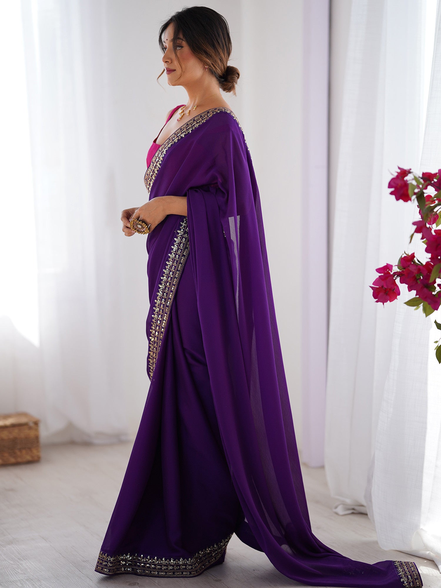 Women's Pure Georgette Pink Embellished Designer Saree with Blouse Piece