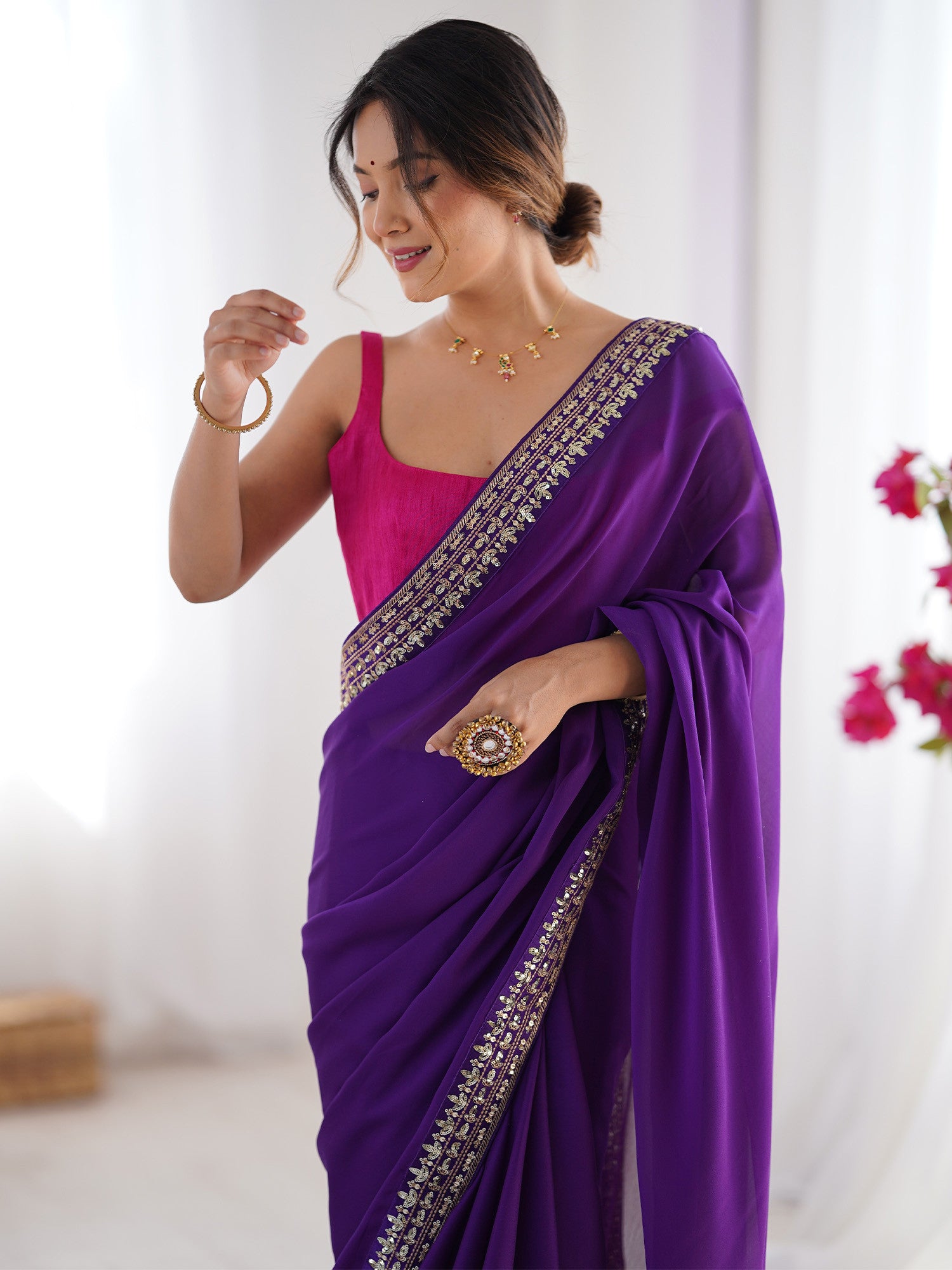 Women's Pure Georgette Pink Embellished Designer Saree with Blouse Piece